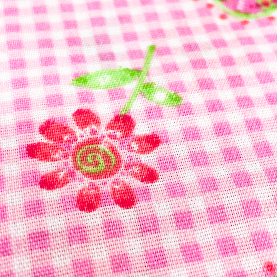 Appx 2 Yds Woven Pink Flower and Gingham Fabric