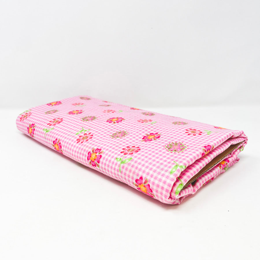 Appx 2 Yds Woven Pink Flower and Gingham Fabric