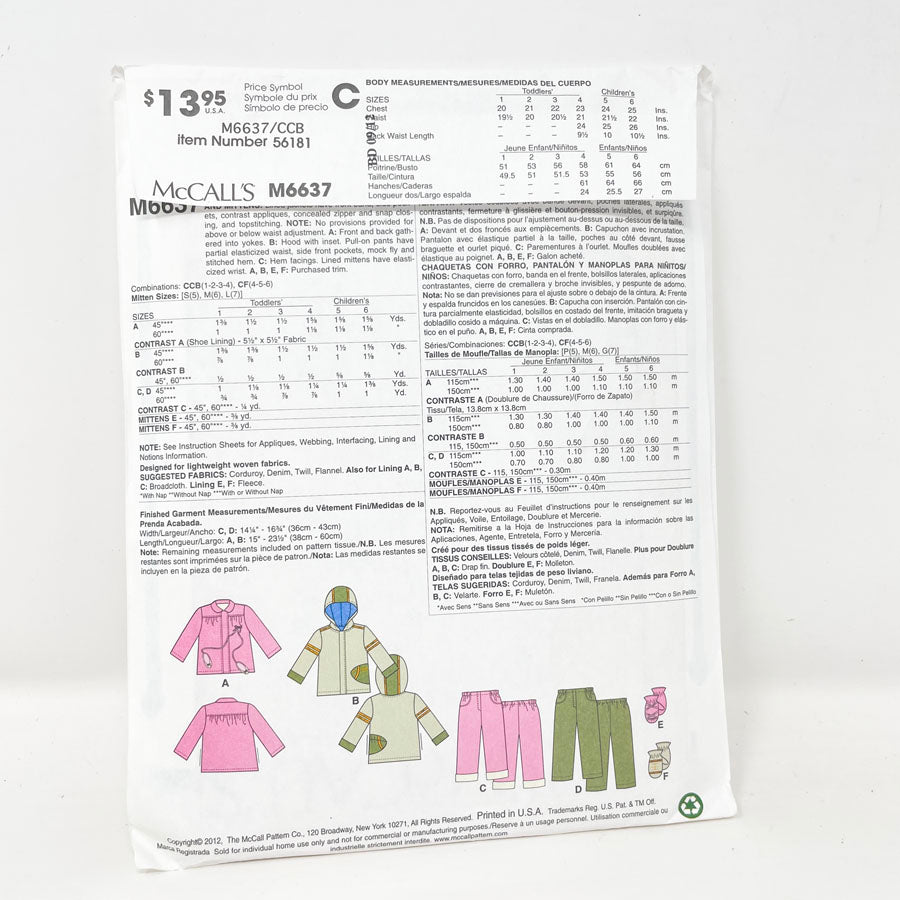 McCall's M6637 Sewing Pattern - Child's Outerwear (1-4)