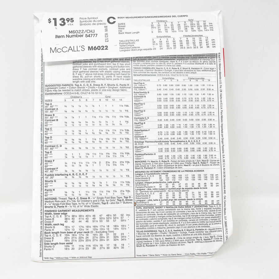 McCall's M6022 Sewing Pattern - Child's Top/Bottom (7-14)