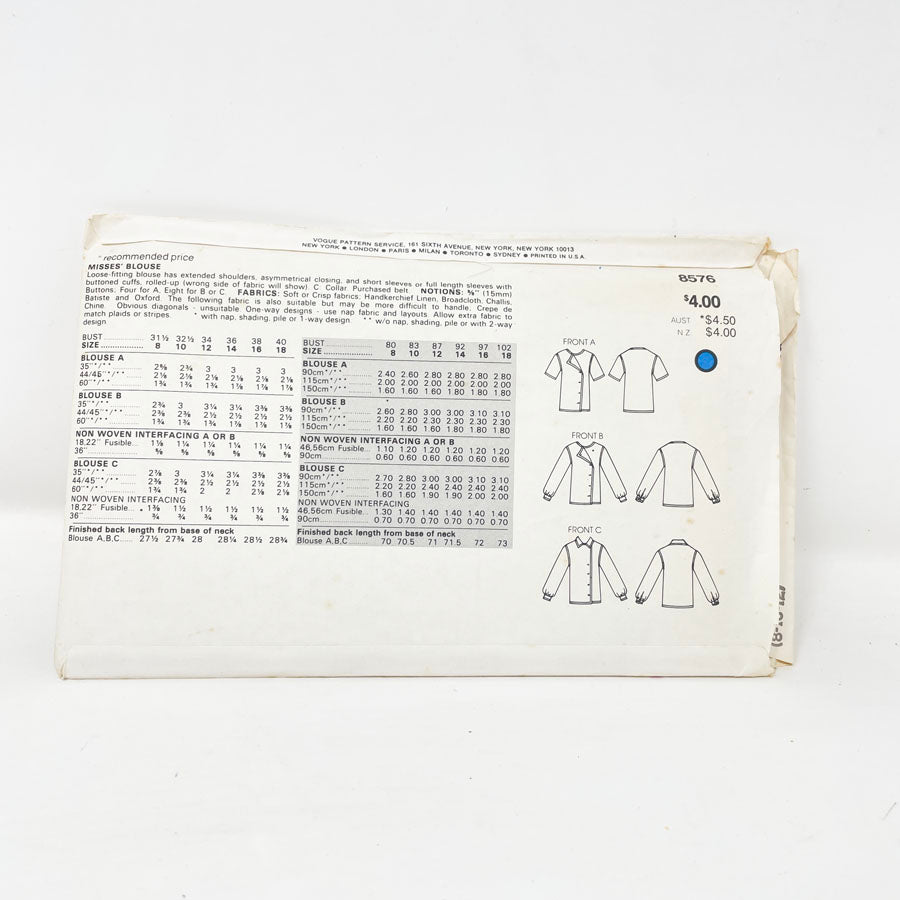 Vogue 8576 1980s Sewing Pattern - Top (8-12)