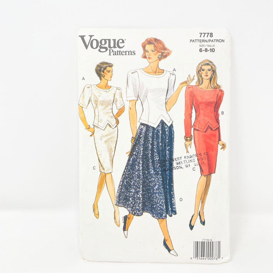 Vogue 7778 1980s Sewing Pattern - Top/Skirt (6-10)