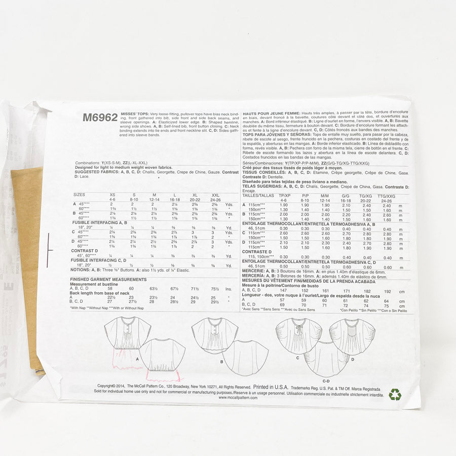 2016 McCall's Easy Sewing Pattern M6962 Size XS - S - M