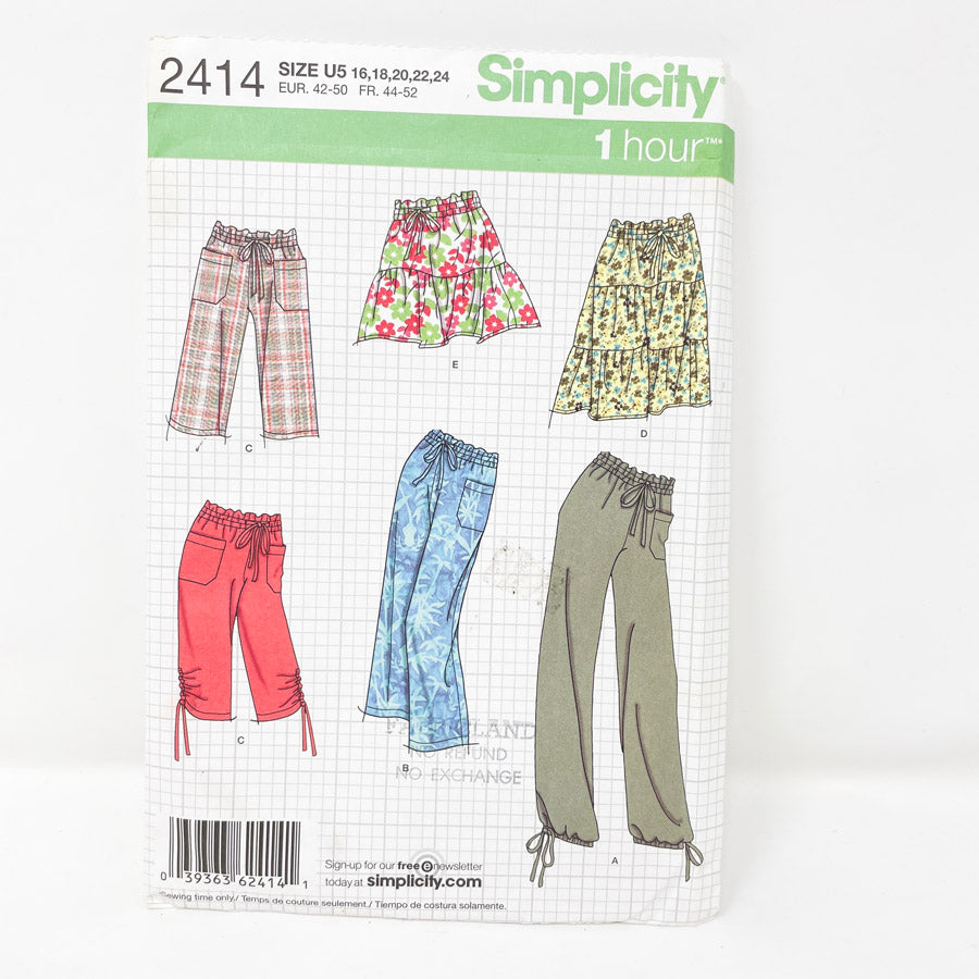 2010 Simplicity Sewing Pattern 2414 - Bottoms - Sizes 16-24