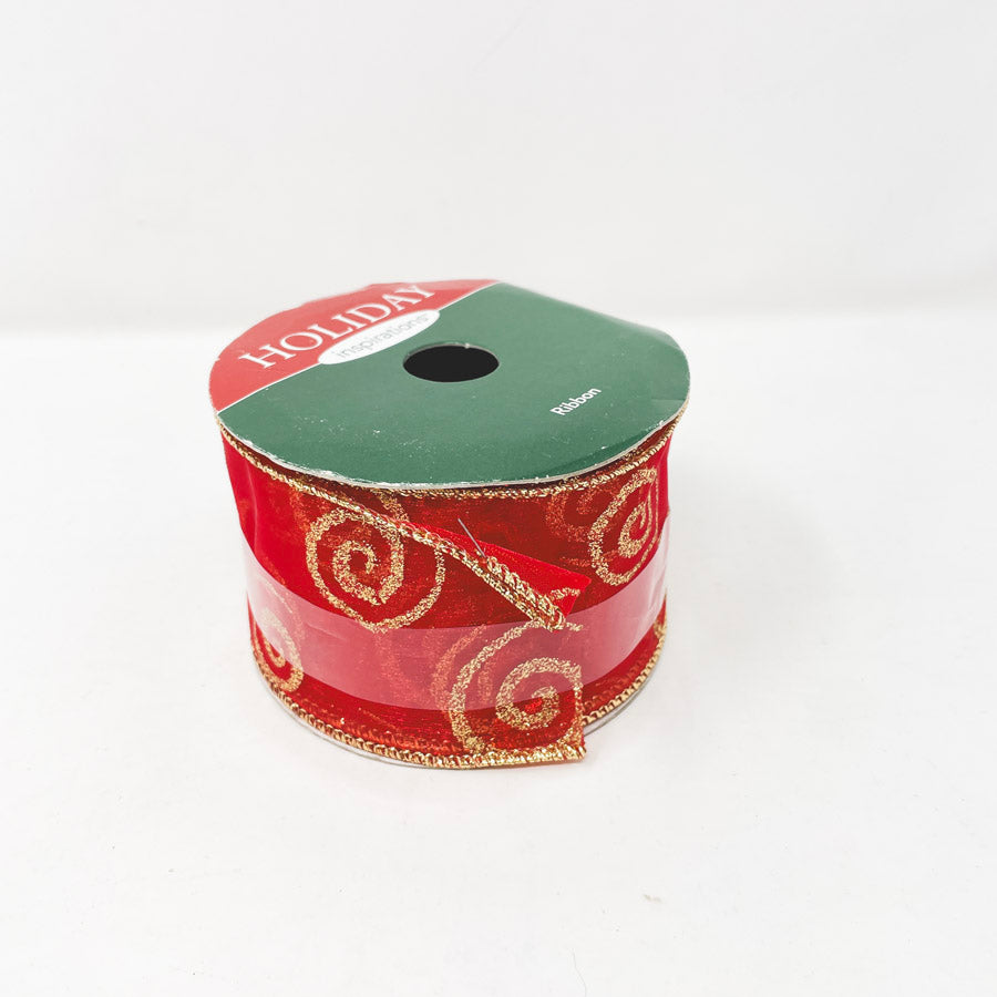 Red With Gold Scroll Holiday Wired Ribbon Roll