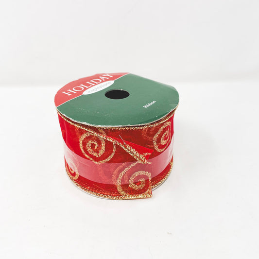 Red With Gold Scroll Holiday Wired Ribbon Roll