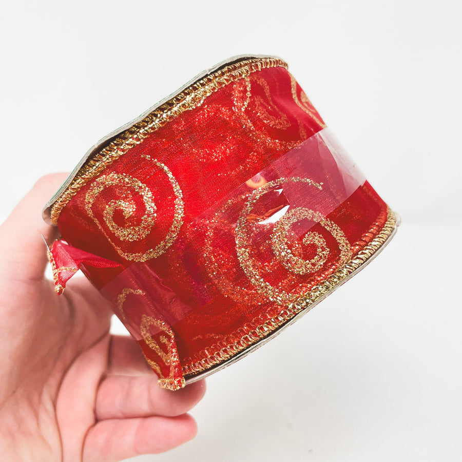 Red With Gold Scroll Holiday Wired Ribbon Roll