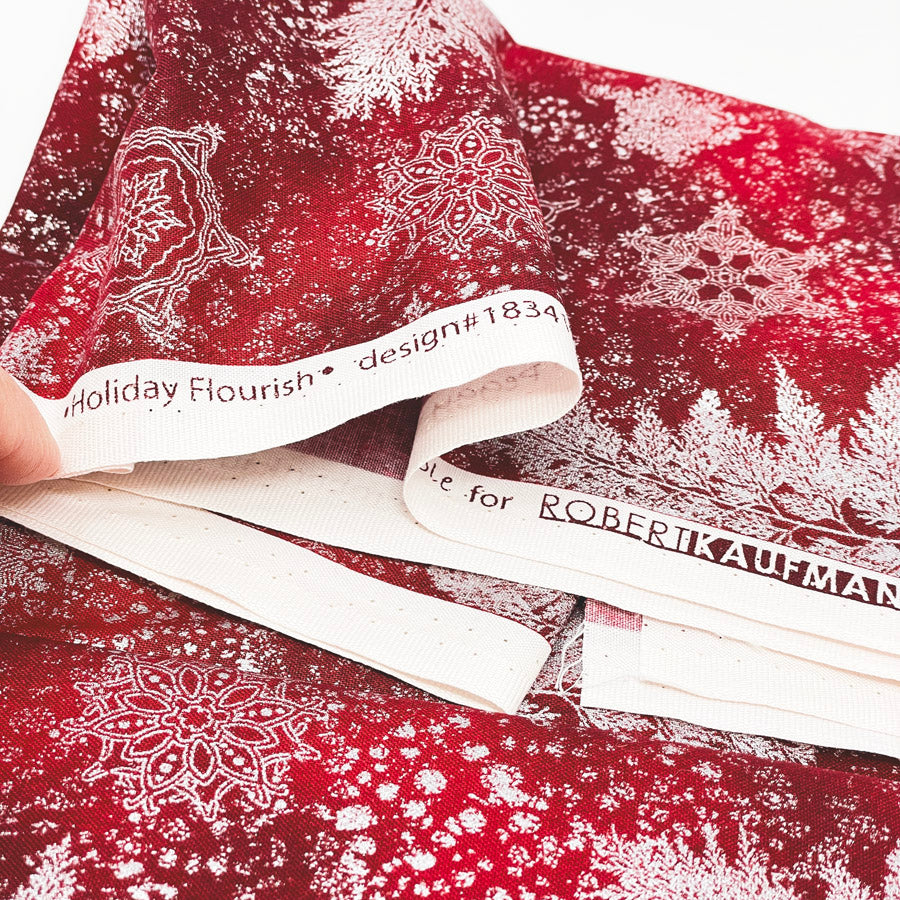 Appx 1 yd - Red Holiday Florish Cotton Blend Fabric