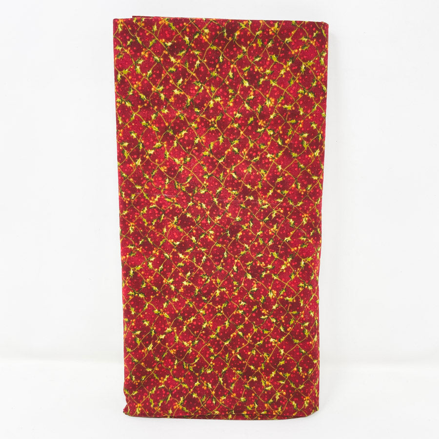Appx 1 yd - Holly Leaves Red Cotton Fabric