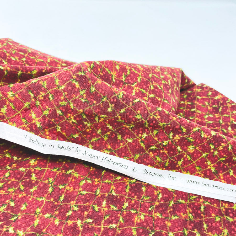 Appx 1 yd - Holly Leaves Red Cotton Fabric
