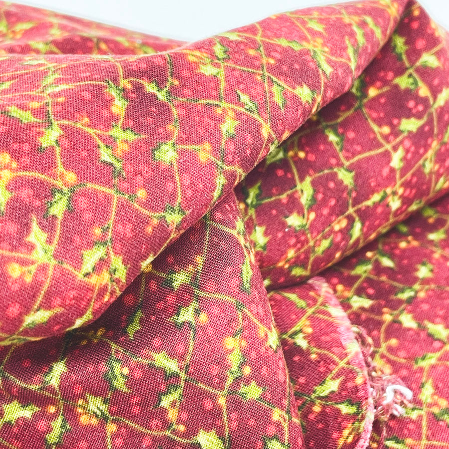 Appx 1 yd - Holly Leaves Red Cotton Fabric