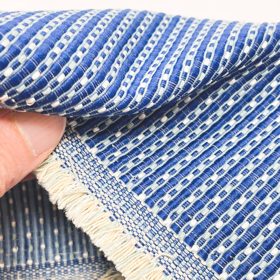 Appx 1 yd - Royal Blue Striped Dots Upholstery Fabric