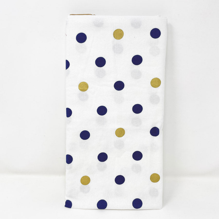 Appx 1 yd - Golden Navy Polka Dot Cotton Fabric