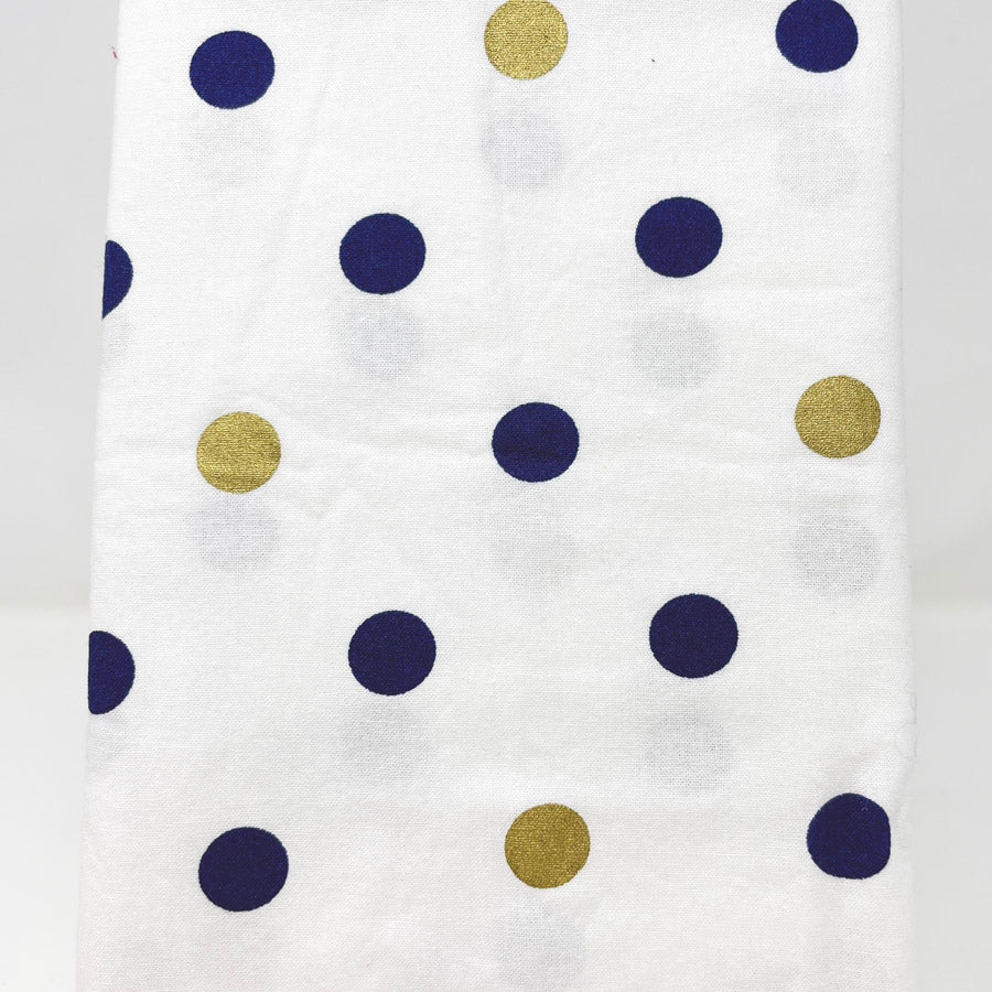 Appx 1 yd - Golden Navy Polka Dot Cotton Fabric