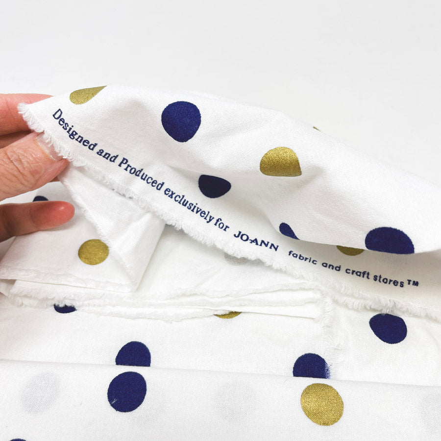Appx 1 yd - Golden Navy Polka Dot Cotton Fabric