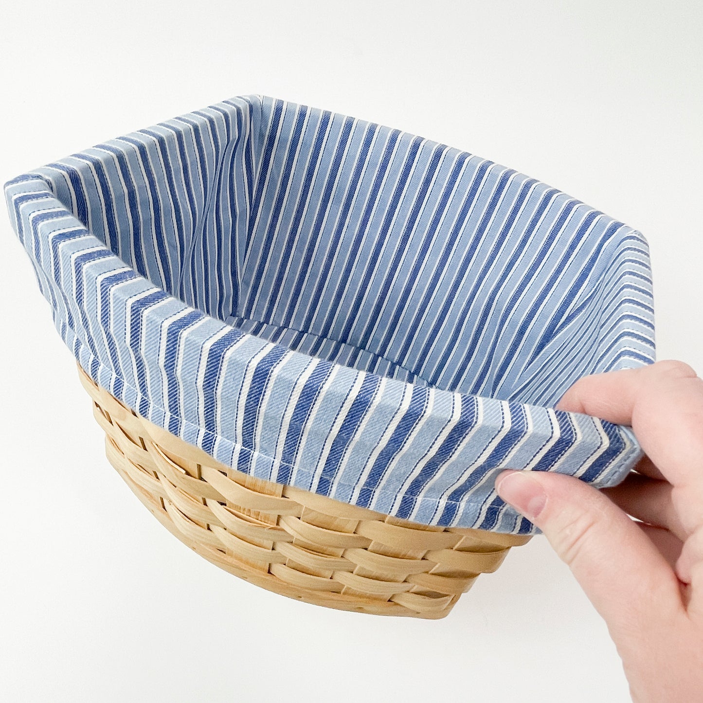 Wood chip woven basket with blue liner